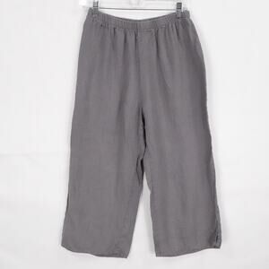 Flax Pants Womens Small Gray Linen Wide Leg Cropped Elastic Waist Pull On Casual
